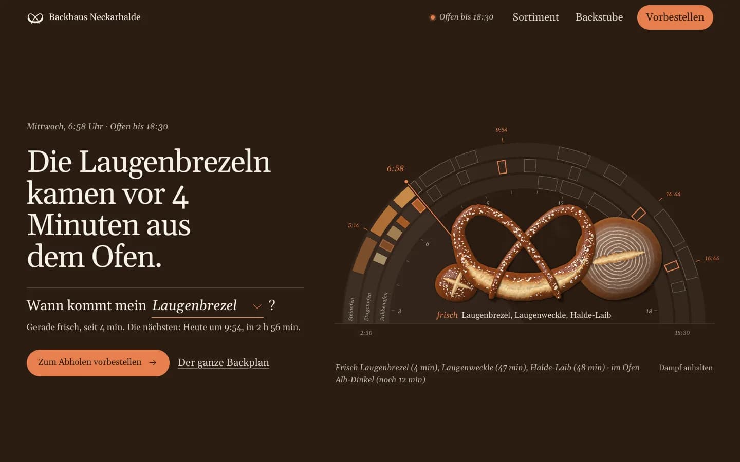 Erster Bildschirm von Backhaus Neckarhalde, eine Website für eine Bäckerei in Tübingen, Bildschirmfoto mit 3 nummerierten Anmerkungen