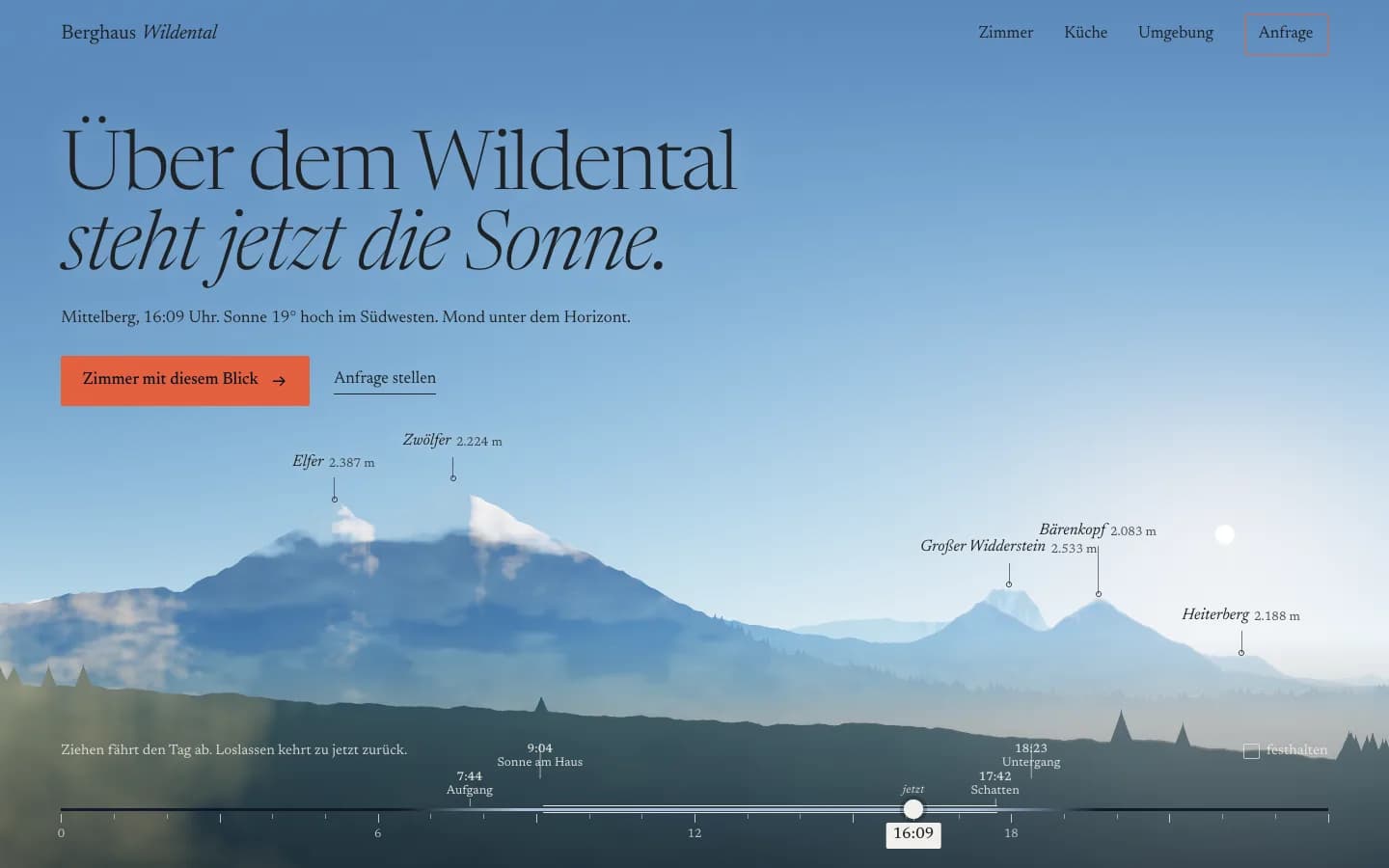 First screen of Berghaus Wildental, a website for a mountain hotel in Mittelberg, screenshot with 3 numbered notes