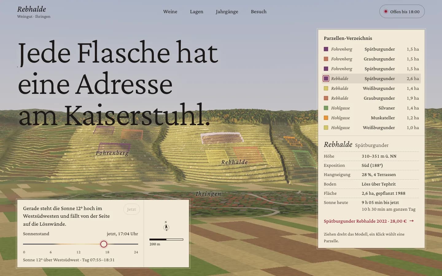 First screen of Weingut Rebhalde, a website for a winery in Ihringen, screenshot with 3 numbered notes