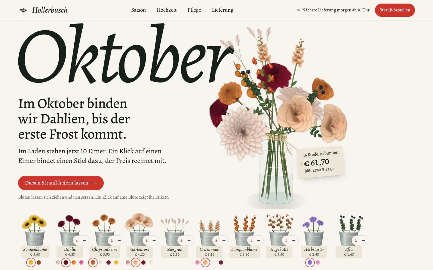 Startseite von Blumen Hollerbusch, eine Website für ein Blumengeschäft in Wien, Bildschirmfoto am Desktop
