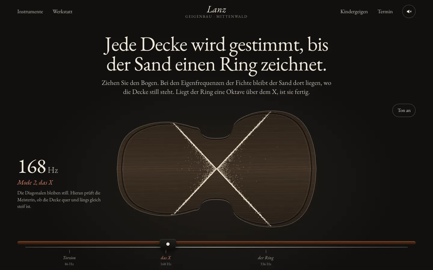 Startseite von Geigenbau Lanz, eine Website für eine Geigenbauwerkstatt in Mittenwald, Bildschirmfoto am Desktop