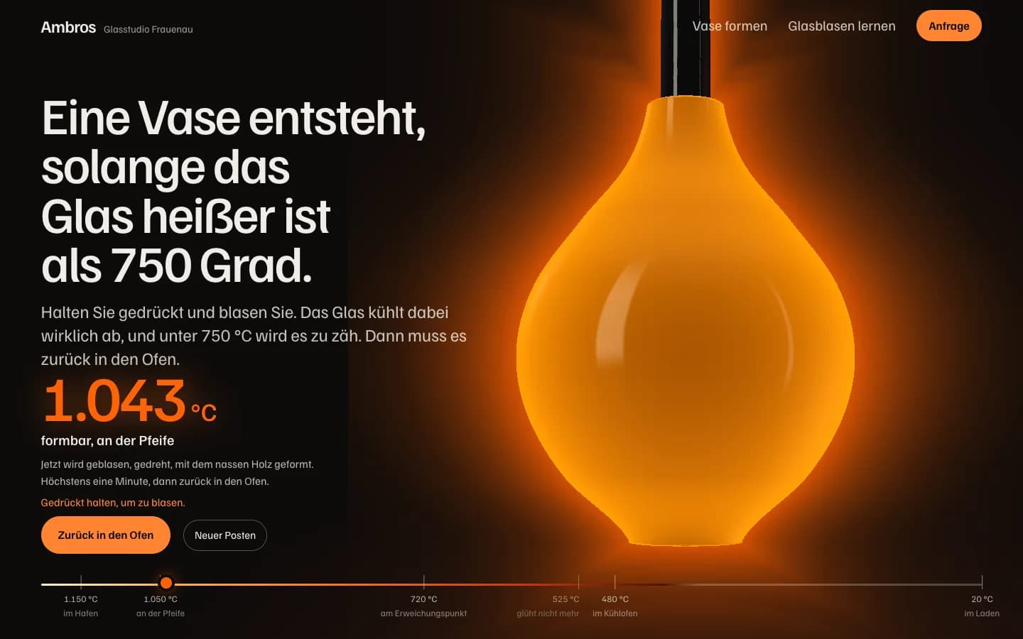Startseite von Glasstudio Ambros, eine Website für ein Glasstudio in Frauenau, Bildschirmfoto am Desktop