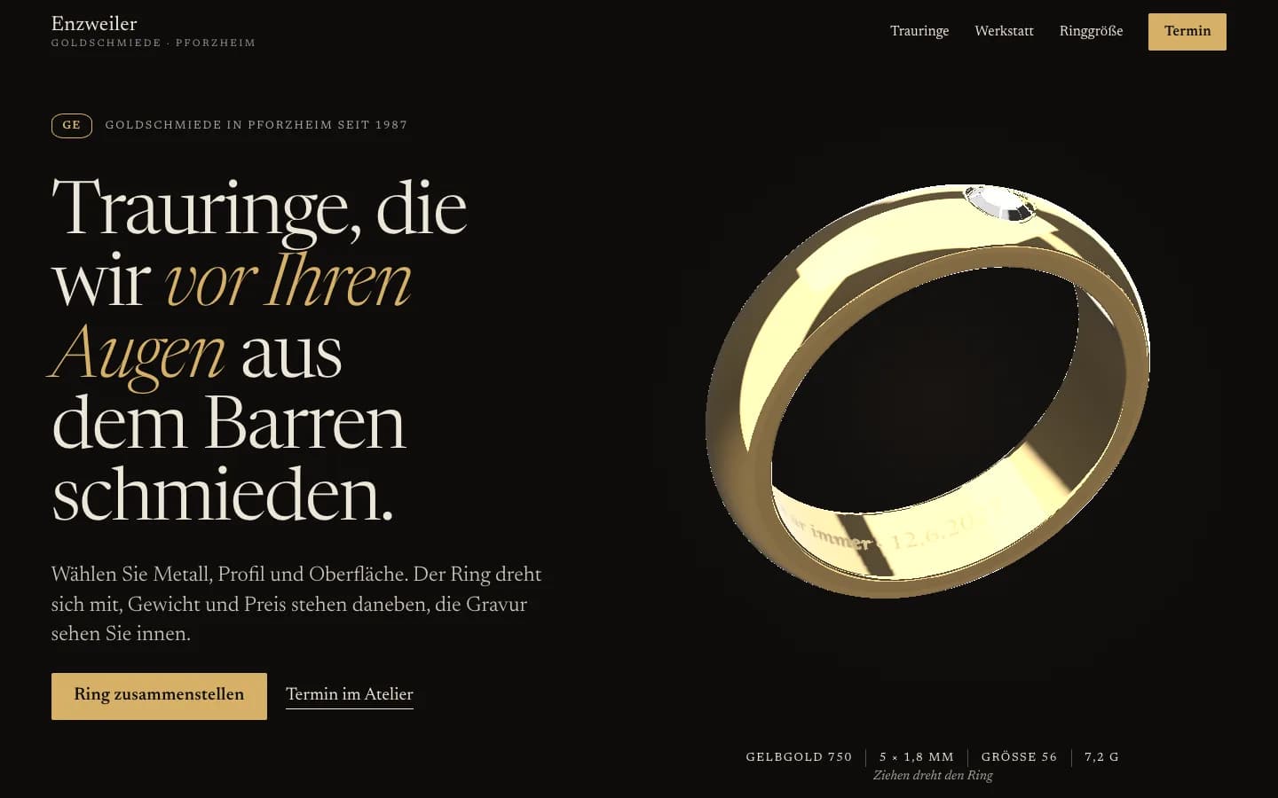 Startseite von Goldschmiede Enzweiler, eine Website für eine Goldschmiede in Pforzheim, Bildschirmfoto am Desktop