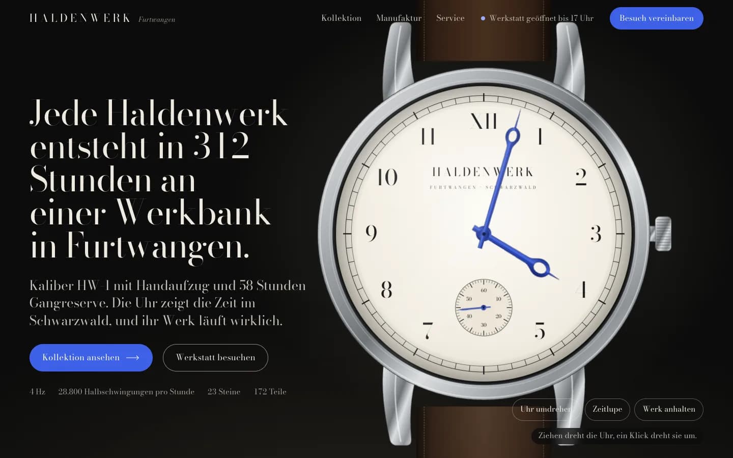 Startseite von Haldenwerk, eine Website für eine Uhrenmanufaktur in Furtwangen, Bildschirmfoto am Desktop