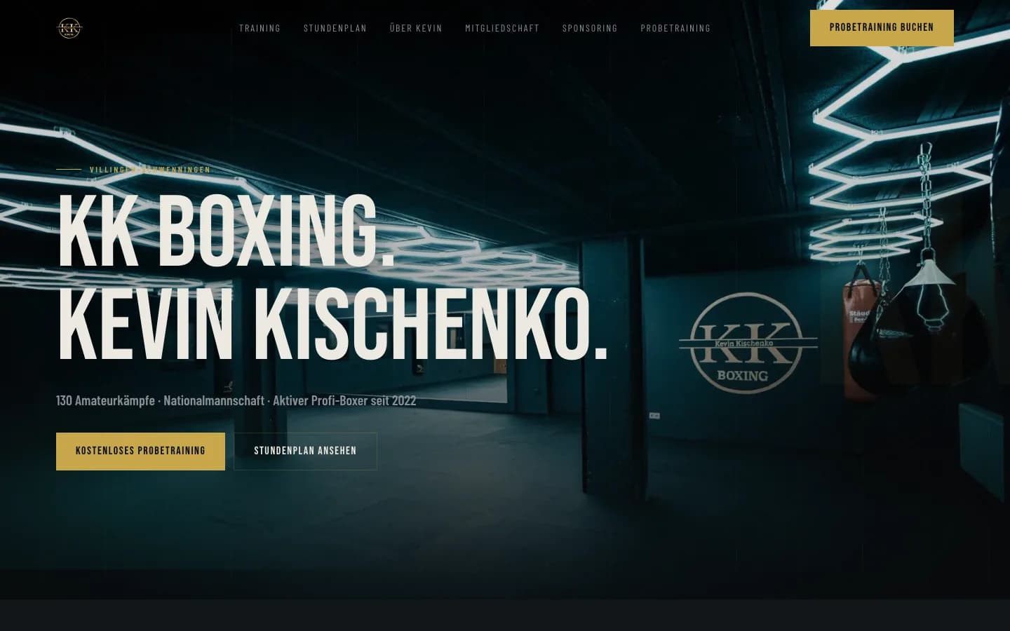 Startseite von KK Boxing, ein Beispielprojekt für ein Boxgym in Villingen-Schwenningen, Bildschirmfoto am Desktop