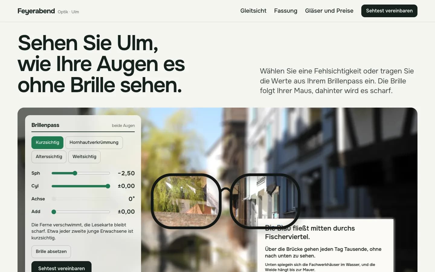 Startseite von Optik Feyerabend, eine Website für einen Optiker in Ulm, Bildschirmfoto am Desktop
