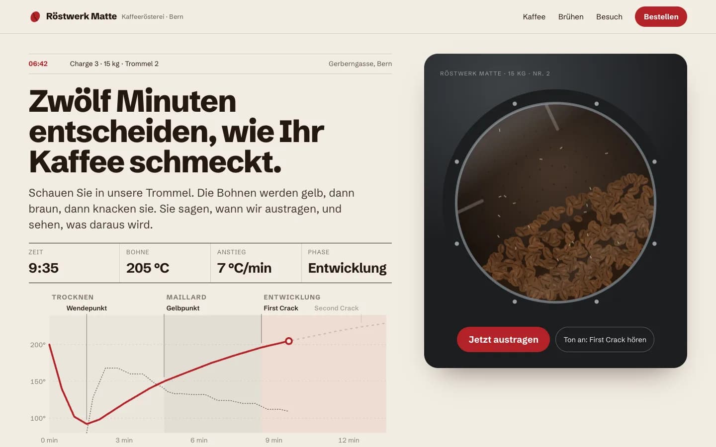 Erster Bildschirm von Röstwerk Matte, eine Website für eine Kaffeerösterei in Bern, Bildschirmfoto mit 3 nummerierten Anmerkungen