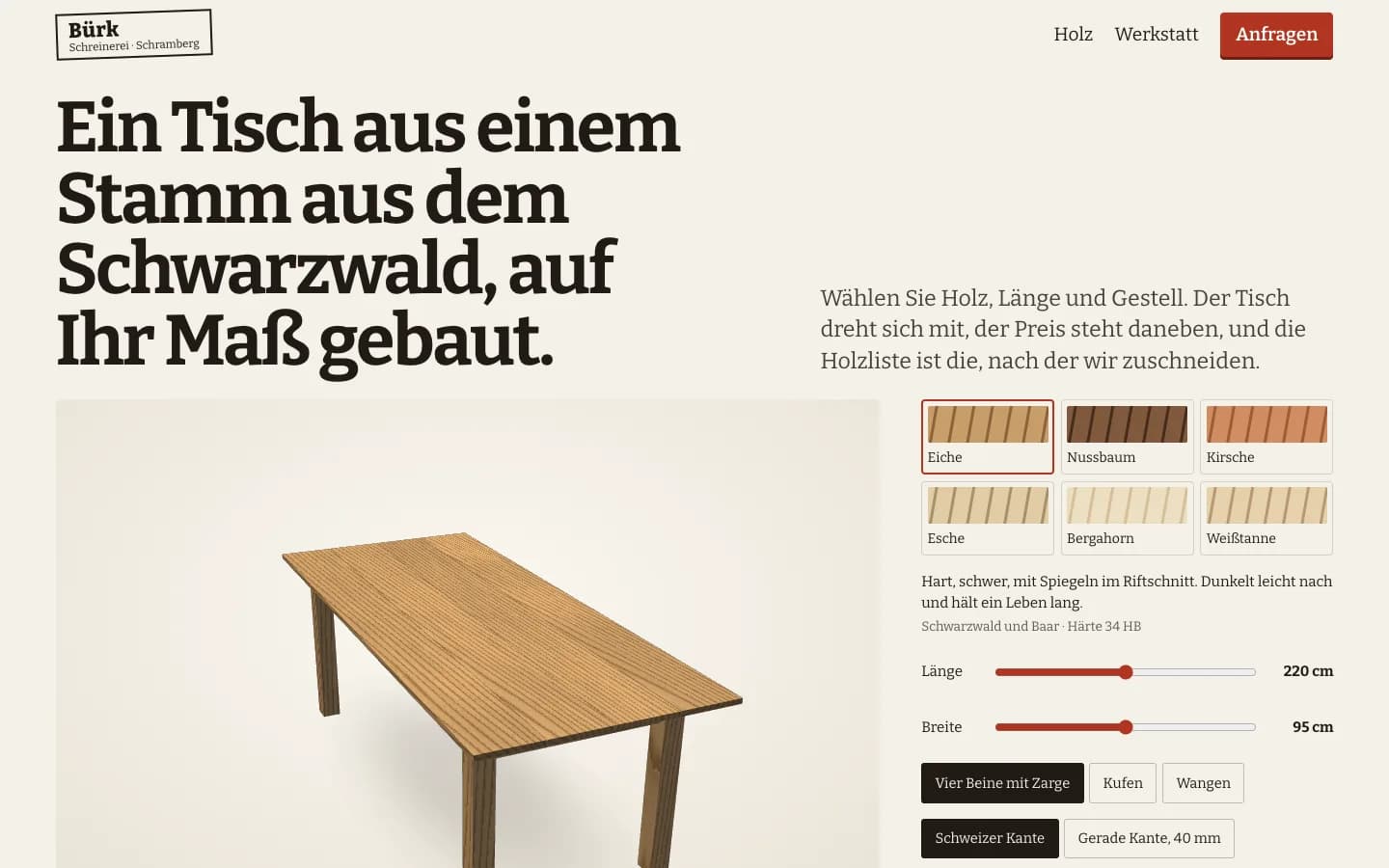 Startseite von Schreinerei Bürk, eine Website für eine Schreinerei in Schramberg, Bildschirmfoto am Desktop