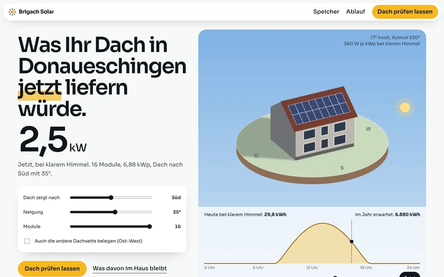 Startseite von Brigach Solar, eine Website für einen Solarbetrieb in Donaueschingen, Bildschirmfoto am Desktop