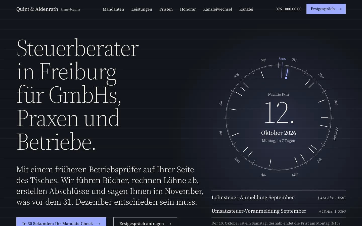 Startseite von Quint & Aldenrath, ein Beispielprojekt für eine Steuerkanzlei in Freiburg, Bildschirmfoto am Desktop