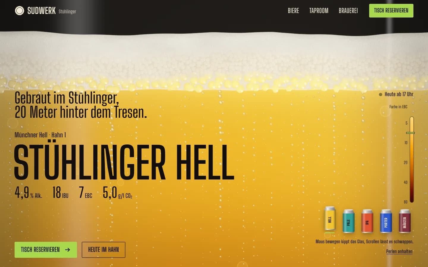 Erster Bildschirm von Sudwerk Stühlinger, eine Website für eine Brauerei mit Taproom in Freiburg, Bildschirmfoto mit 3 nummerierten Anmerkungen