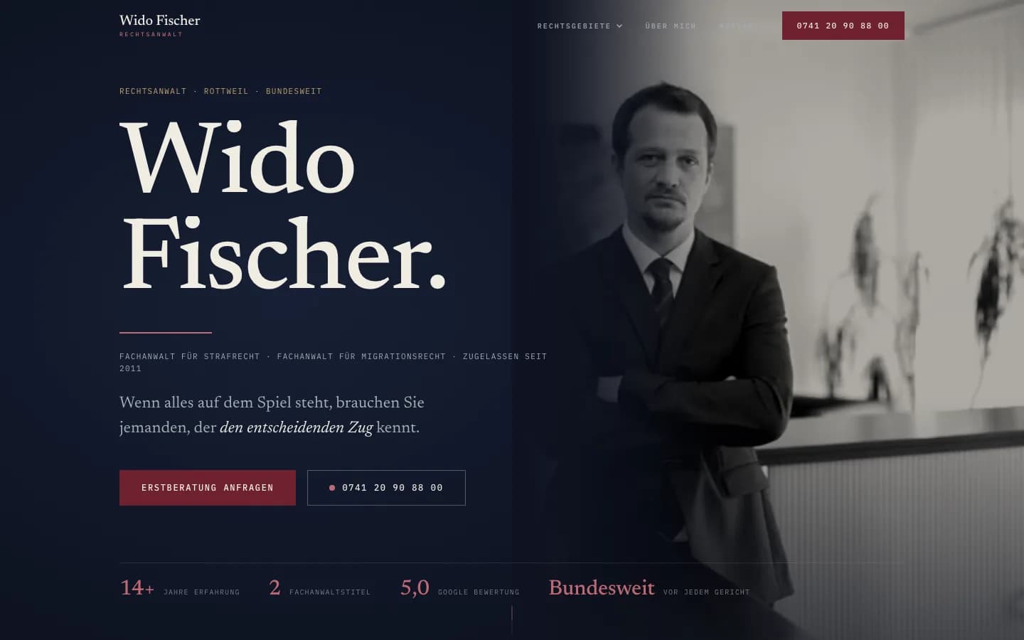 Erster Bildschirm von Rechtsanwalt Wido Fischer, ein Beispielprojekt für eine Anwaltskanzlei in Rottweil, Bildschirmfoto mit 3 nummerierten Anmerkungen